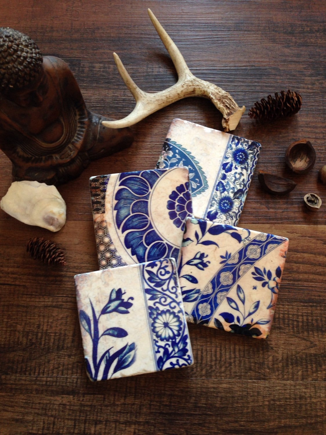 In Blue Coasters Drink Coasters Vintage Blue Floral Etsy