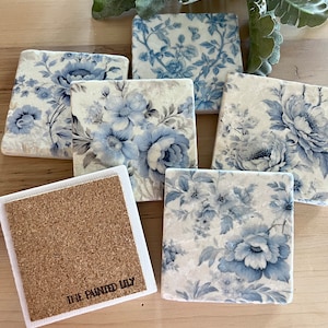 Blue Toile stone coasters set of 6 image 2