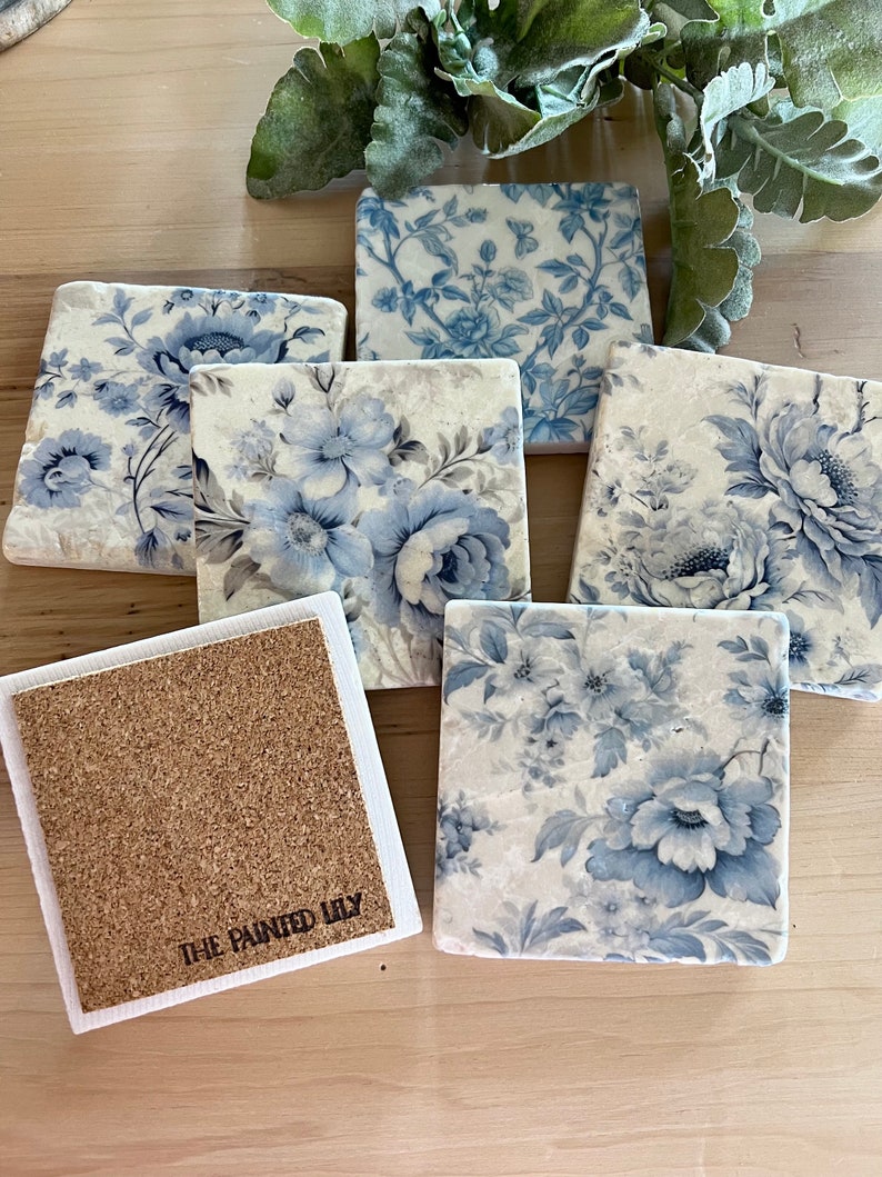 Blue Toile stone coasters set of 6 image 2