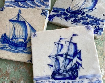 Antique delft sailboat tiles- set of 4