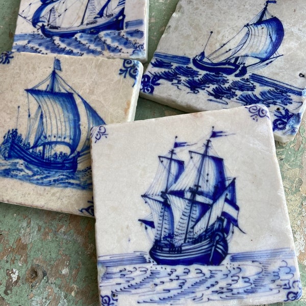 Antique delft sailboat tiles- set of 4