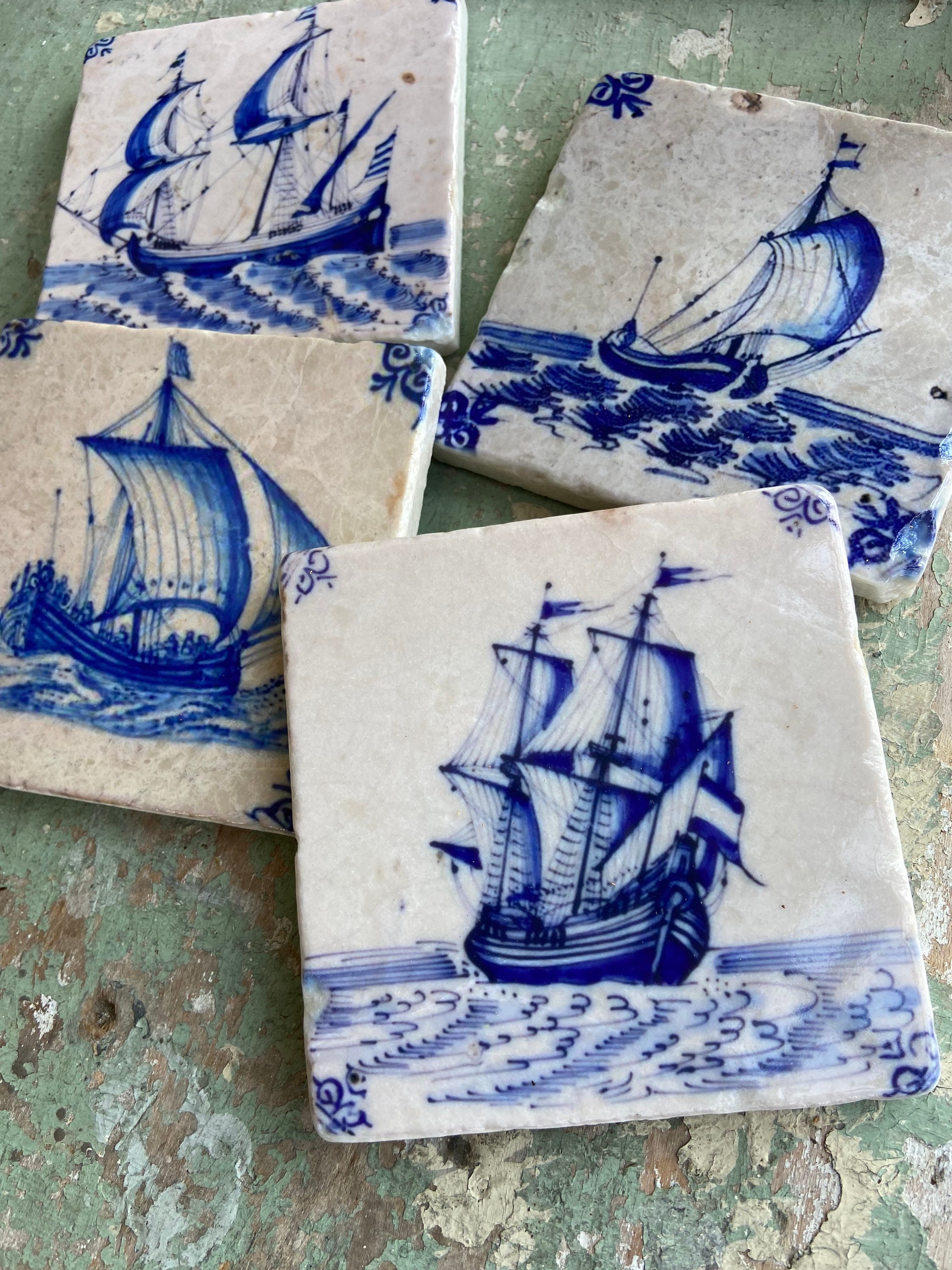 アンティーク　デルフトタイル Antique Delft Sailboat Tiles- Set of 4 - Etsy