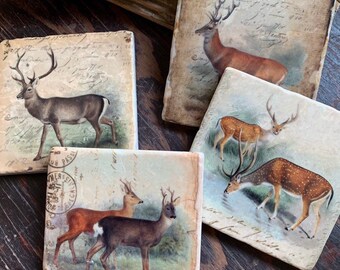 Vintage Deer stone coasters - deer gift, outdoorsman gift, dad gift, man cave gift, man gift, nature lover, coasters, drink coasters