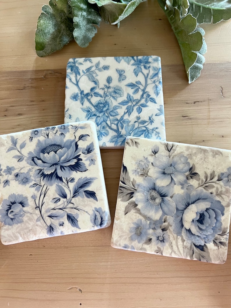 Blue Toile stone coasters set of 6 image 3