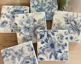 Blue Toile stone coasters - set of 6