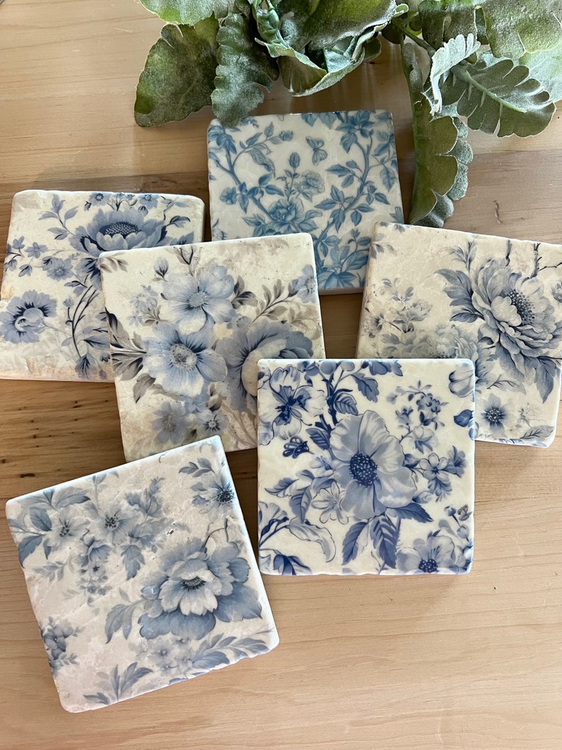 Blue Toile stone coasters set of 6 image 1