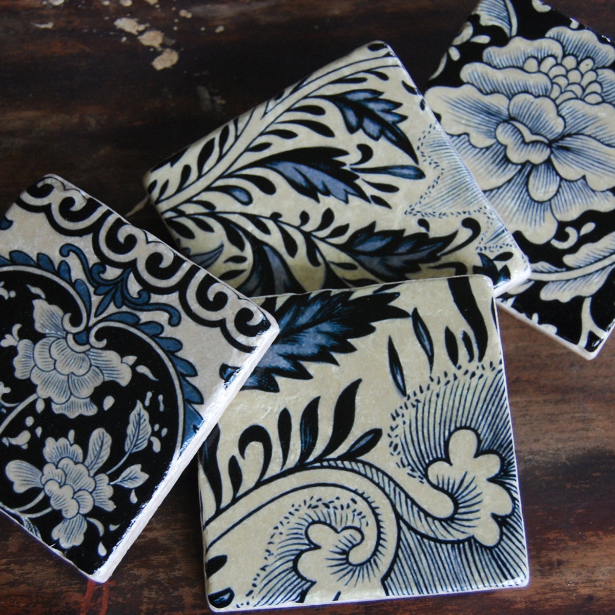 Unique Stone Coasters - Ivory & Black Pattern Tiles - Etsy