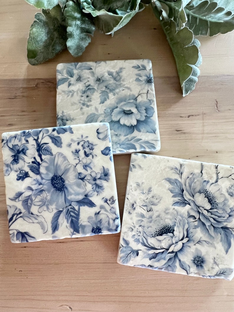 Blue Toile stone coasters set of 6 image 4