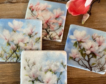 Magnolia floral stone coasters- set of 4