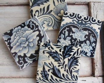 Unique Stone Coasters - ivory & blue floral