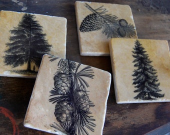 Pine Forest stone coasters - tree gift, tree decor, gift for him, nature gift, drink coasters, coaster set, nature lover