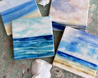 Ocean View stone coaster set - tumbled marble - watercolor painting