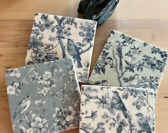 Floral Birds- blue toile stone coasters - set of 4