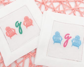Custom Embroidered Adirondack Chair Cocktail Napkins • Personalized Monogram • Coastal Summer Entertaining