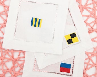 Set of 4 Nautical Monogram Embroidered Cocktail Napkins – 6x6” Linen