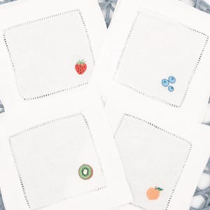 Embroidered Fruit Cocktail Napkins, Linen Drink Napkins, Mix and Match Embroidery, Summer Hostess Gift, Custom Table Linens