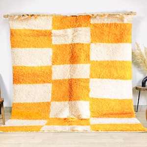 Large Yellow Checkered Moroccan Rug, Berber Shag Rug, Handmade Wool Area Carpet