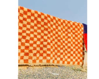 Orange Checkered Rug, Moroccan Beni Ourain Rug, Soft wool rug, Large Checker Area rug