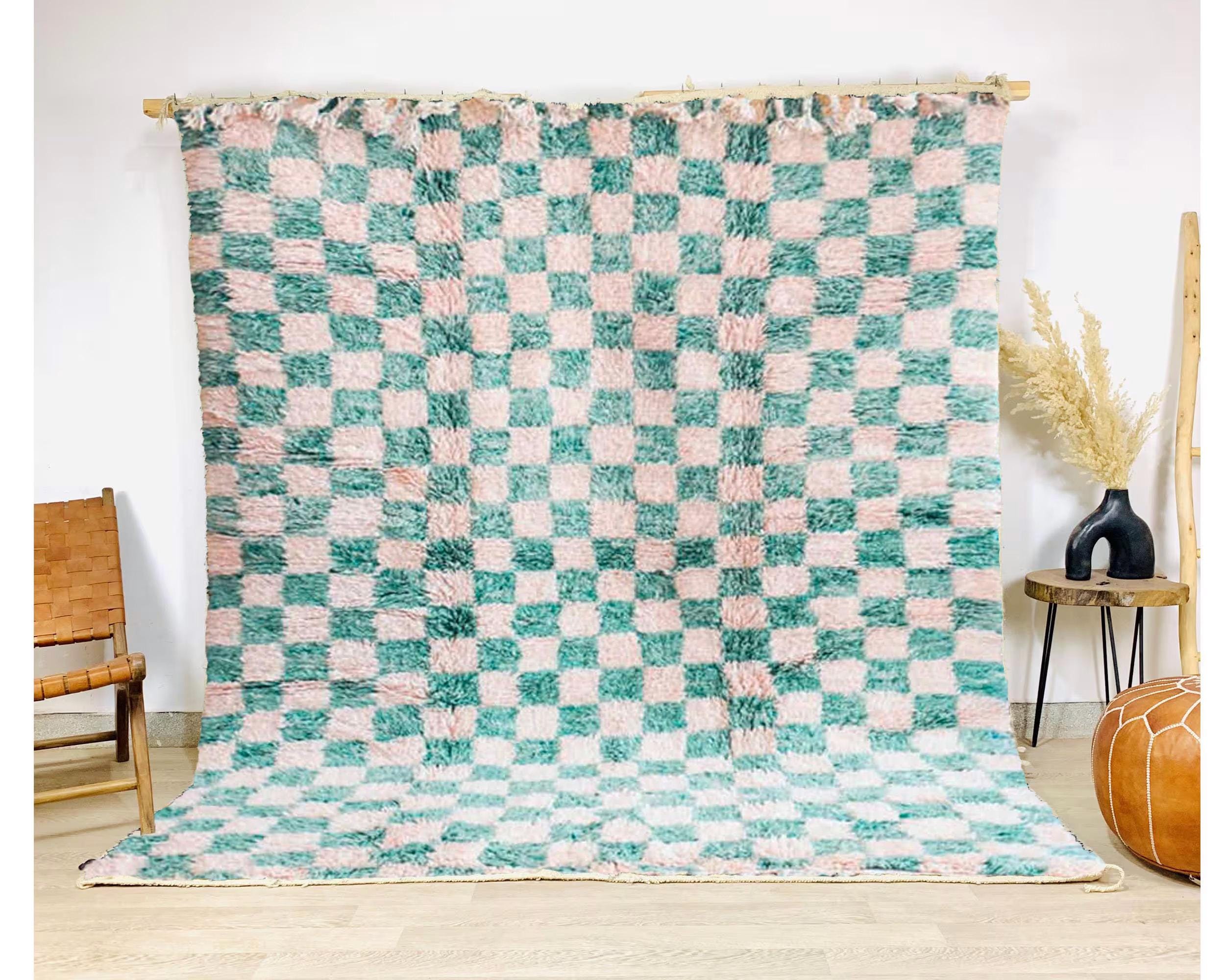 Turquoise Checkered Moroccan Rug, Green Shag Rug, White and Green Checker rug, Large Area Rug, Berber rug