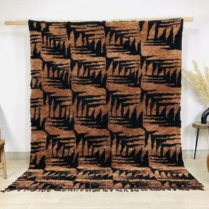 Black Geometric Rug, Rust Maze Moroccan Berber Carpet, Large Area Shag Rug, Modern Abstract Decor, Custom Handmade Wool Mat