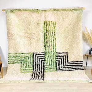 Modern Green and Black Line Moroccan Rug – Abstract Berber Design, Wool Shag Rug, Large Area Rug
