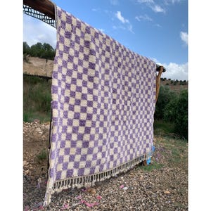 Purple Checkered Rug, Moroccan Beni Ourain Rug, Soft wool rug, Large Checker Area rug