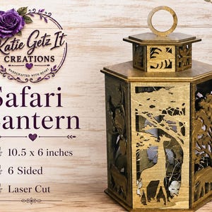 Safari Lantern, Laser Cut Wooden Lantern, 6 Sided Animal Lantern, Elephant Lion Giraffe Decor, Rustic Safari Gift, 10.5 x 6