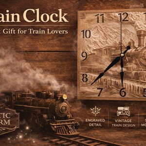 Engraved Wooden Train Clock – Vintage Steam Engine Railroad Decor