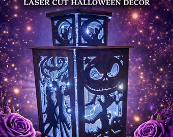 Spooky Cartoon-Inspired Wooden Lantern | Laser Cut Halloween Decor | Whimsical Dark Fantasy Home Accent