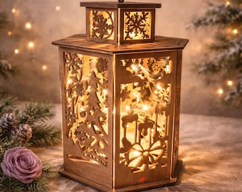 Wooden Christmas Lantern, Winter Holiday Decor, Cozy Festive Ambiance, LED Glow