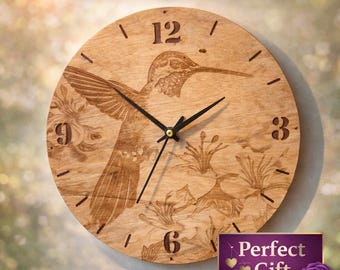 Laser Engraved Wooden Hummingbird Clock, Floral Nature Wall Decor, Farmhouse Style