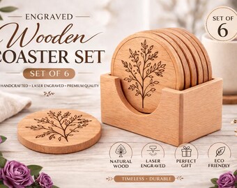 Engraved Wooden Coaster Set | Natural Wood, Laser Engraved Holder