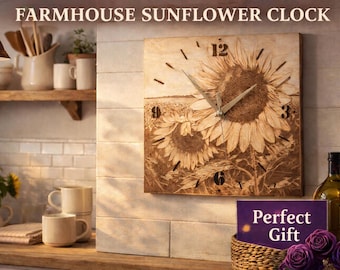 Farmhouse Sunflower Clock, Rustic Floral Wall Art, Silent Movement, 11.5 Inch Basswood Home Decor
