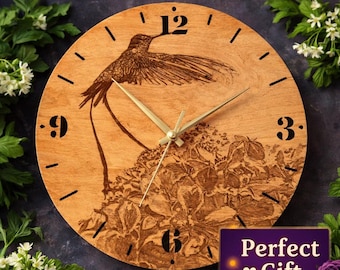 Hummingbird Wall Clock, Wooden Bird Clock, Nature Wall Decor, Floral Engraved Clock, Rustic Home Decor, Gift for Mom Bird Lover