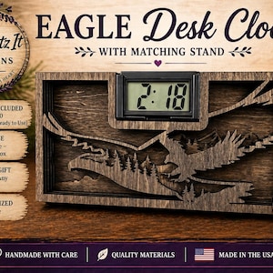 May include: Wooden desk clock with an eagle design. The clock features a digital display showing the time. The clock is 8x4 inches and includes the text "EAGLE Desk Clock".