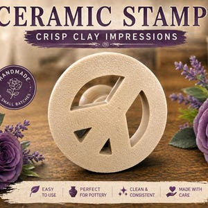 May include: A beige ceramic stamp with a peace sign design. The stamp is round with cut-out shapes. The text "CERAMIC STAMP" and "CRISP CLAY IMPRESSIONS" are at the top. The image includes purple roses and text that says "HANDMADE IN SMALL BATCHES".