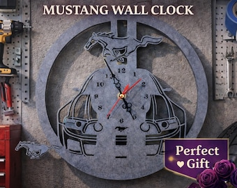 Mustang Wall Clock, Car Enthusiast Decor, Muscle Car Clock, Garage Wall Art, Ford Inspired Clock, Gift for Dad Him Car Lover