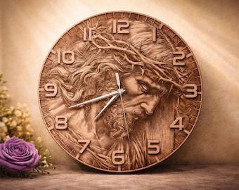 Jesus Wall Clock | Christian Wall Decor | Religious Gift | Faith Home Decor | Wooden Engraved Clock | Spiritual Wall Art