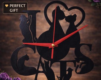 Wood Cat Lover Clock, Modern I Love Cats Wall Decor, Cat Mom Gift