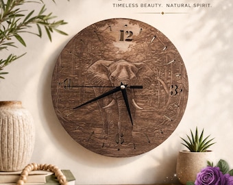 Engraved Elephant Wooden Wall Clock – Safari Wildlife Rustic Home Décor