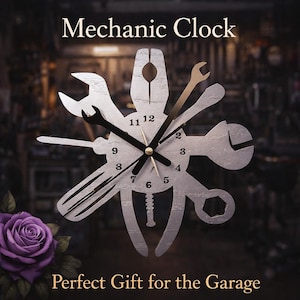 May include: A silver-colored mechanic clock with black clock hands and a black clock face. The clock is shaped with various tools, including wrenches and screwdrivers. The words "Mechanic Clock" and "Perfect Gift for the Garage" are printed on the image.