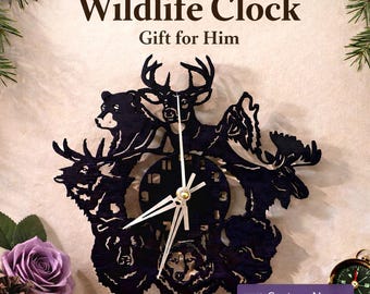 Wildlife Wall Clock, Rustic Cabin Decor, Deer Bear Moose Outdoorsman Art