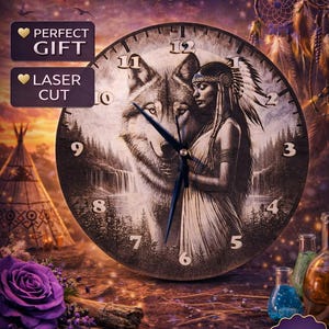 May include: Round wooden Native American clock featuring a wolf and a Native American woman. The clock has black hands and white numerals. The words "Native American Clock" are at the top. The clock is laser cut and is a perfect gift.