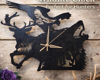 Hunting Wall Clock – Deer Wolf Eagle Decor – Rustic Cabin Clock – Handmade Wooden Clock – Hunter Gift – Wildlife Wall Decor