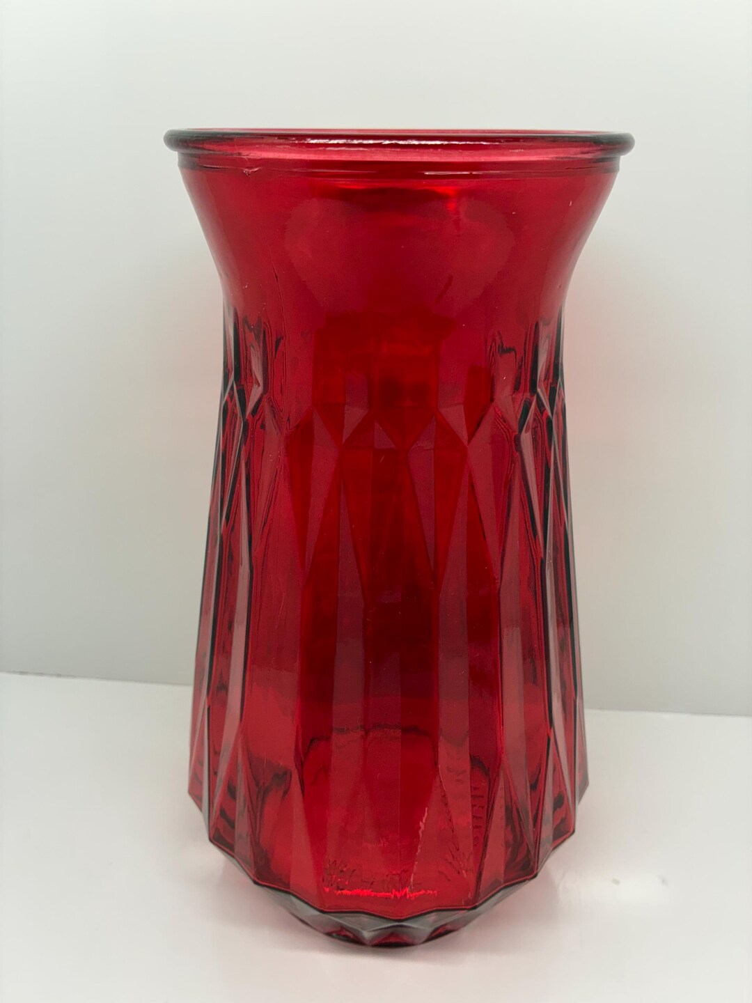 Vintage Ruby Red Glass Vase With Diamond Base and Segment Pattern Made ...
