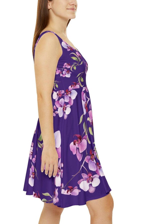 womens purple skater dress Purple Floral Women's Skater Dress, Sleeveless Elegant Summer Wear, Mother's Day Outfit, Stylish Spring Dress, Women's Fashion Dress, Floral