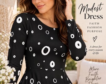 Black Long Sleeve Maxi Dress | White Circle Print | Modest Women's Dress
