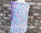 Girls Watercolor Petals Dress with Large Light Purple Grosgrain Ribbon Bow that Ties Over one Shoulder