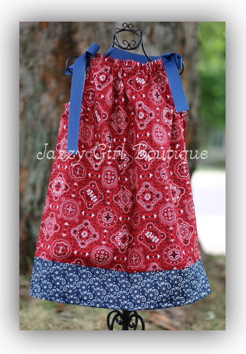 Girls Cowgirl Pillowcase Dress Red Bandana with Blue Bandana Trim and Blue Grosgrain Ribbon Ties
