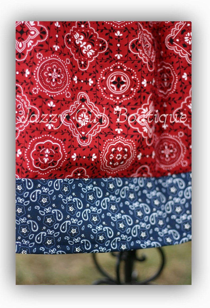 Girls Cowgirl Pillowcase Dress Red Bandana with Blue Bandana Trim and Blue Grosgrain Ribbon Ties